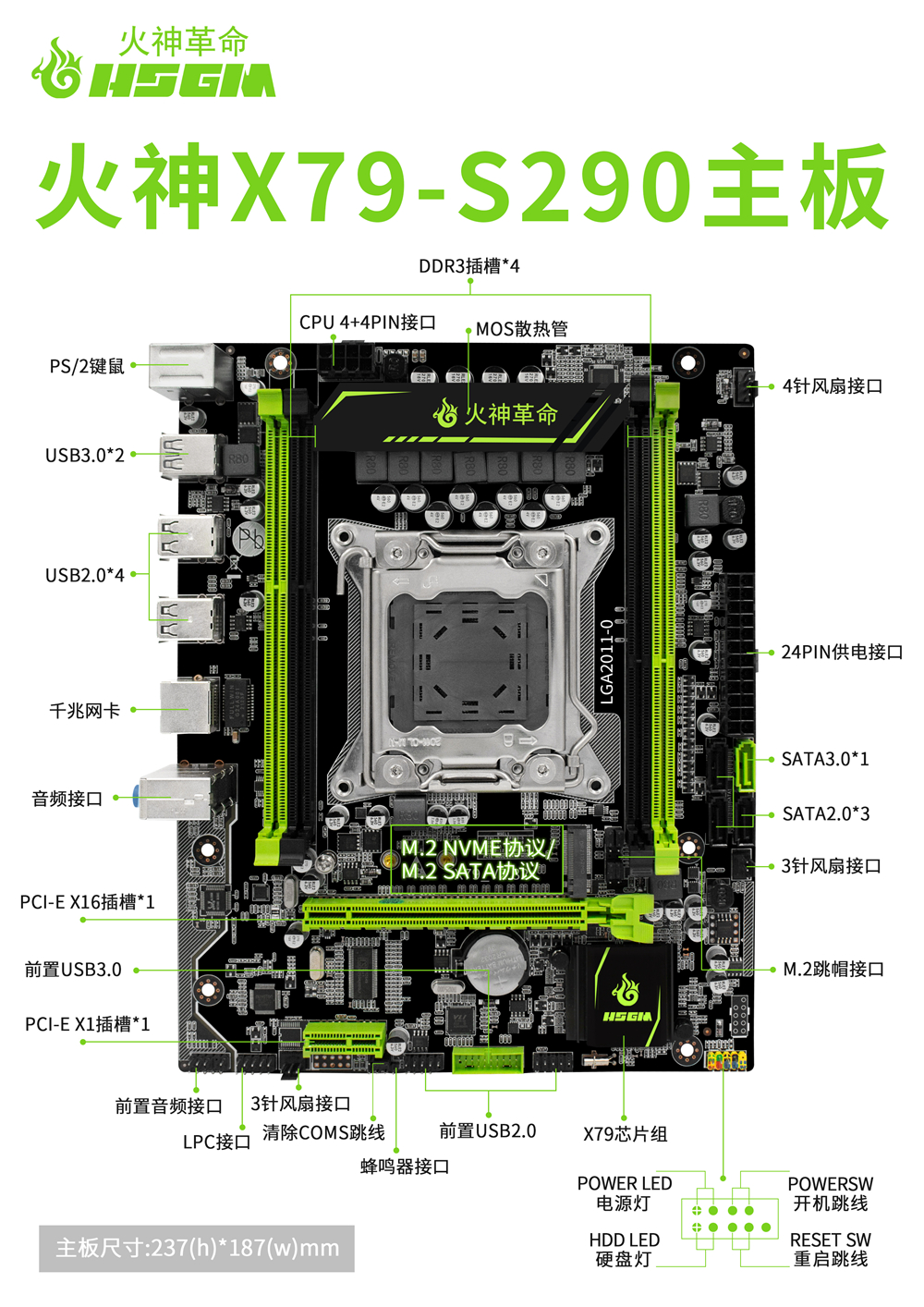 HSGM X-79-S290 マザーボード コンピューター 4*DDR3 RDIMM LGA 2011