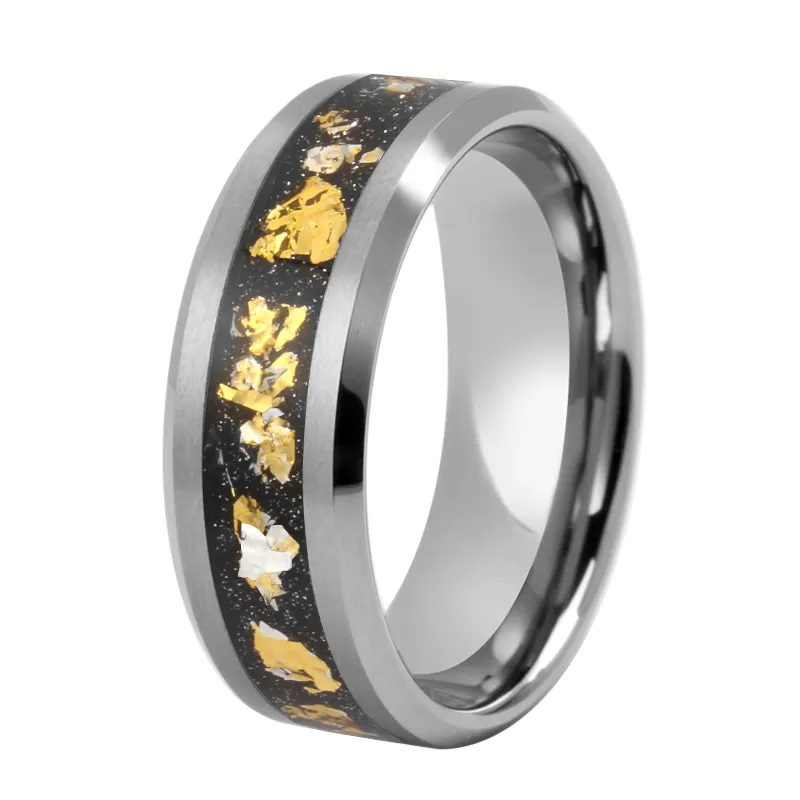 Herren 8 mm Schwarz & Silber Tungstenkarbid Hochzeitsring mit Schwarzen und Goldenen Folien Einsatz abgeschrägter Rand Ring Tungsten