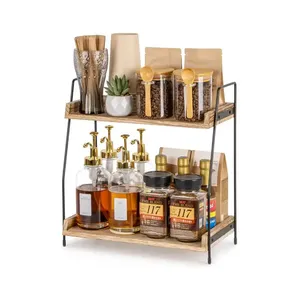 Kệ cho cà phê Bar phụ kiện Countertop cà phê Station Organizer gia vị lưu trữ Caddy cho nhà bếp 2 Tier gỗ - Product Image 1