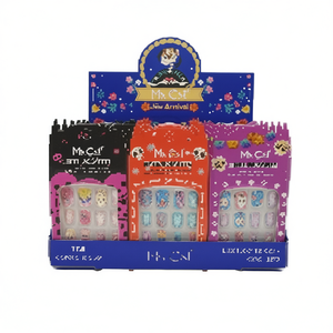 Ongles à presser Mr. Cat en acrylique, forme cercueil, taille moyenne, 24 pièces, motif dessin animé, avec colle et languettes adhésives pour nail art - Product Image 1