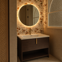 Rak Dinding Kamar Mandi dengan Wastafel Keramik Terintegrasi, Kabinet Kayu Walnut Gelap, dan Cermin LED untuk Hotel