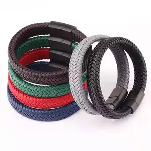 Lefeng Jewelry Manufacturer Custom Men's Braided Leather Titanium Stainless Steel Simple Style Magnetic Buckle Bracelets
