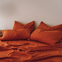 Ensemble de literie en lin français lavé à la pierre orange, haute qualité, vente en gros, ensemble de housse de couette en lin pur