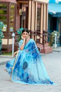 Sarees en organza imprimés numériques avec collection légère de travail manuel pour les fêtes toute fonction - Product Image 3