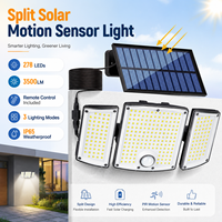 Lampe solaire à détecteur de mouvement 278 LED 3500LM à 3 têtes réglables, lampe murale de sécurité extérieure avec télécommande, étanche IP65, pour jardin