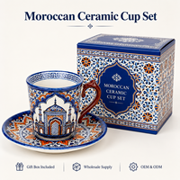 Ensemble tasse et soucoupe en céramique souvenir du Maroc, motifs architecturaux géométriques pour tasse à café en porcelaine, personnalisation OEM ODM, vente en gros
