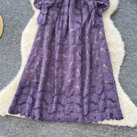Robe décontractée élégante en dentelle violette à col en V et manches longues, coupe trapèze, avec ceinture, pour femme, idéale pour le quotidien et les fêtes