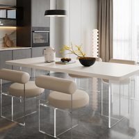 Table à manger en dalle de roche blanche avec bordure de 5 cm, pieds en acrylique transparent, style moderne minimaliste, ensemble de 2 pièces, mobilier de bureau réglable