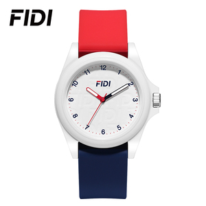 นาฬิกาข้อมือสายซิลิโคนมินิมอลลิสต์สำหรับทุกเพศ FIDI – หน้าปัดสีขาว ตกแต่งด้วยสีแดงและสีน้ำเงิน สไตล์ลำลองและสปอร์ตสำหรับการสวมใส่ในชีวิตประจำวัน - Product Image 1
