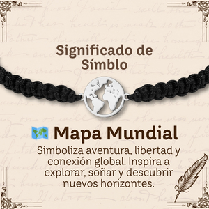 Braccialetto in acciaio inossidabile con filo destinativo nero con mappa del mondo portafortuna e protezione color argento - Product Image 6