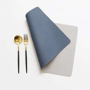 Manteles individuales de doble cara rectangulares de piel sintética con logotipo personalizado al por mayor, mantel para mesa de comedor, azul y gris