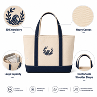 Sac fourre-tout en toile de coton brodé avec logo personnalisé, bordure marine, couronne de lauriers, sac de shopping réutilisable pour femmes