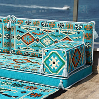 Ensemble de canapé sectionnel carré arabe turquoise à trois places avec ottoman, tapis en tissu, meubles de salon de haute qualité pour l'école
