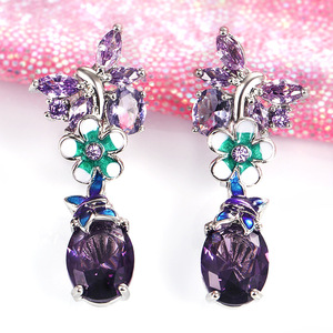 Orecchini viola a forma di farfalla con fiore ovale per donna, eleganti gioielli alla moda - Product Image 3