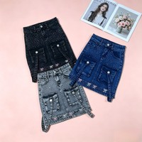 Jupe cargo en jean pour filles ZT007 à 5,5 $, tailles 8-14 ans, mini-jupe à strass, jupes cargo en jean tendance pour enfants, en stock