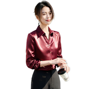 Women Satin Shirt Red Solid Color Long Sleeve Button Front Commuting Top - Product Image 5