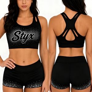Women Cheerleading Sports Bra Set Cut Racerback <b>Crop</b> <b>Top</b> <b>Rhinestone</b> Heat-Transfer Printed OEM Polyester/Spandex 120g Dance - Product Image 1