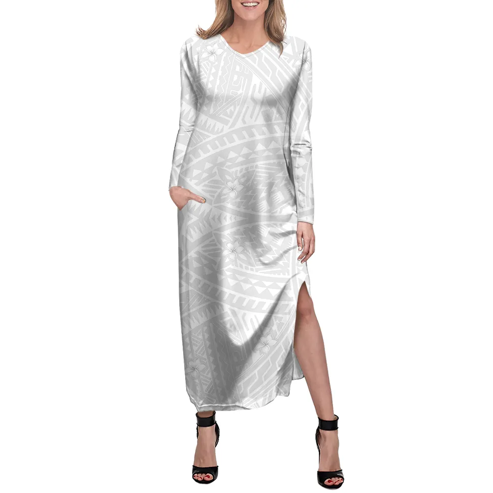 פולינזי קעקוע דפוס מוסר שבטי לבן אלגנטי מקרית שמלות נשים של ארוך שרוול Loose פיצול שמלה סיטונאי Dropshipping