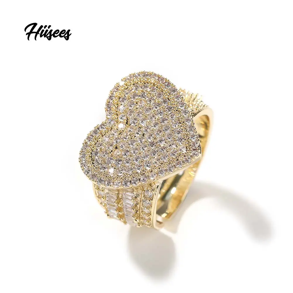 Nuevo oro plata Color CZ corazón anillo completo Iced Out Bling ajustable corazones anillo Hip Hop Punk hombres mujeres joyería