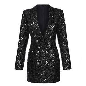 Nuevas tendencias Abrigo de mujer Moda Negro <span class=keywords><strong>Lentejuelas</strong></span> blazer Mujer Chaqueta larga Vestido Abrigo - Product Image 3
