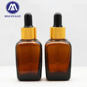 Frasco conta-gotas de vidro quadrado âmbar com tampa para impressão de embalagens premium de óleos essenciais e perfumes