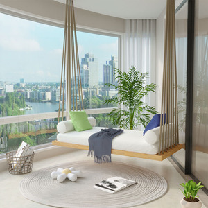 Dondolo Sospeso <span class=keywords><strong>in</strong></span> <span class=keywords><strong>Legno</strong></span> Stile Nordico, Sedia a Dondolo da Interno/Esterno per Balcone, Disponibile per Vendita Diretta, Dropshipping e Personalizzazione - Product Image 1