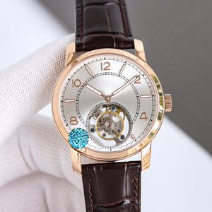 Reloj mecánico Tourbillon con esfera en tono oro rosa, correa de cuero marrón, reloj de pulsera de cuarzo, estilo vestir - Product Image 1