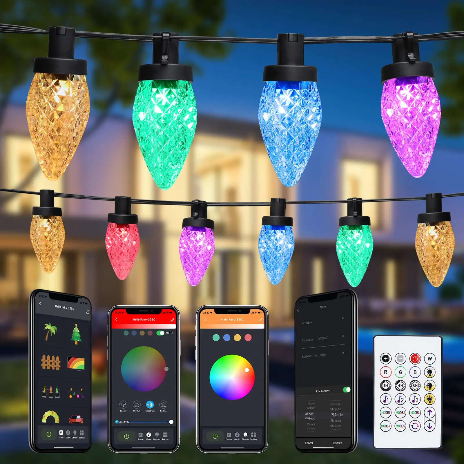 50 LEDスマートC9クリスマスライト、APPリモコン付き音楽同期色変更RGBクリスマスストリングライト