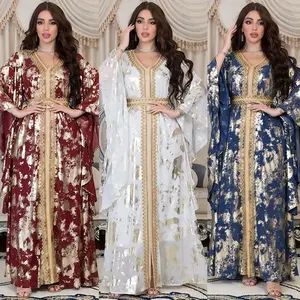 Spring 2023 new elegant Muslim long robe chiffon gold printed lace trumpet sleeve long dress