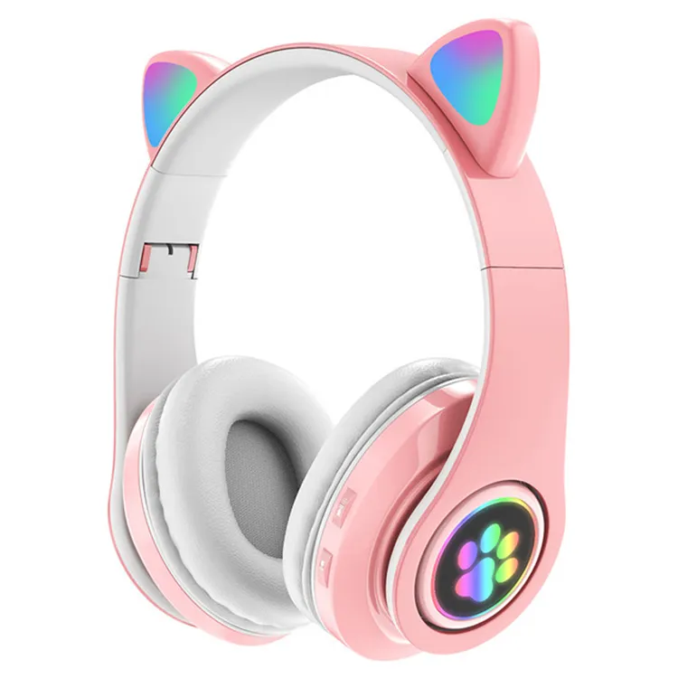 B39 Headphone Tanpa Kabel Wanita Anak-anak Telinga Kucing Led, Headset Bersinar Dapat Dilipat B39