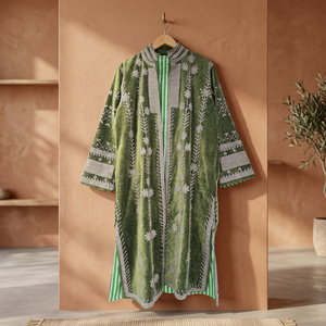 Manteau long en velours vert olive fait main sur mesure, avec des motifs floraux gris et des appliques géométriques sur le bord - Product Image 2