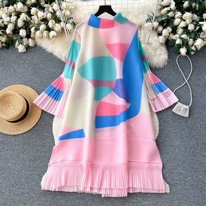 Robe midi plissée vintage pour femme, imprimé géométrique abstrait, robe chemise à manches longues avec ceinture, robes décontractées amples pour l'été - Product Image 5