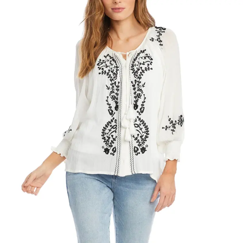 OEM Women Summer Front Tassel Ties Rayon Peasant Top Floral Embroidered Long Sleeve Blouse STB9046A