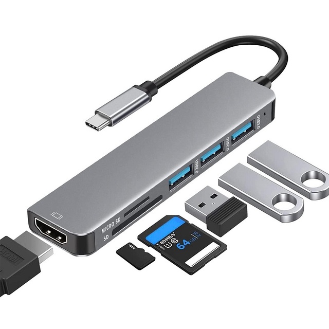 6 in 1 USB C Aluminum Alloy Docking Station Hub OTG Adapter for USB 2.0/3.0 SD/Micro SD Card Reader Multiport Data Access Stock