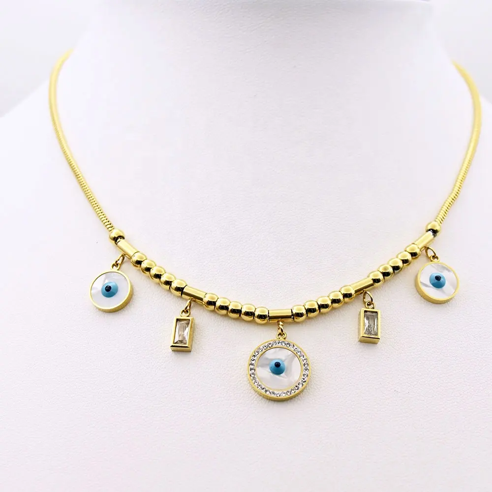 Gran oferta, collar de Ojos de CZ brillantes con relleno de oro con cuentas redondas, collar con colgante de ojo de demonio sin decoloración de acero inoxidable para mujer