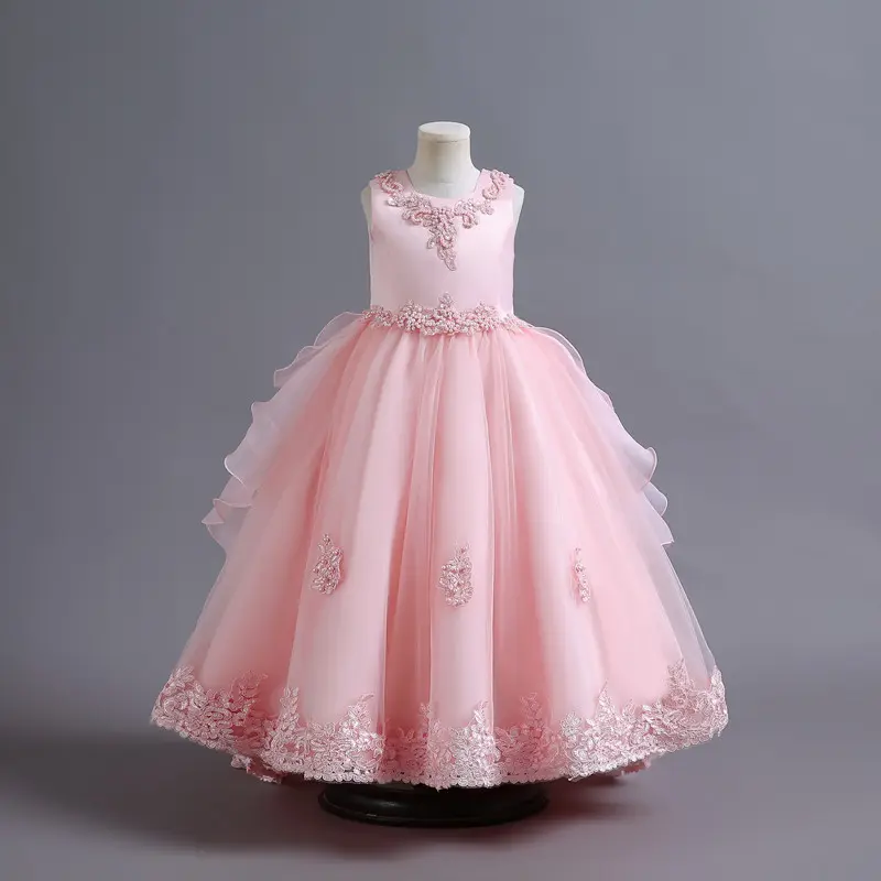 Luxury Girls Party Dresses Princess Children Long Lace Embroidery Pearl Flower Gown for Kids Girl Party Dress