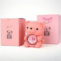 Boîte à bijoux en acrylique ronde avec ours en peluche de 15 cm et fleur éternelle, rose préservée et ours rotatif, coffret cadeau Saint-Valentin