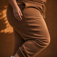 Celana Jogger Musim Dingin Wanita Ukuran Besar Premium Berkualitas Tinggi Warna Cokelat Maple, Pinggang Tinggi, Ujung Rib, Bahan Fleece