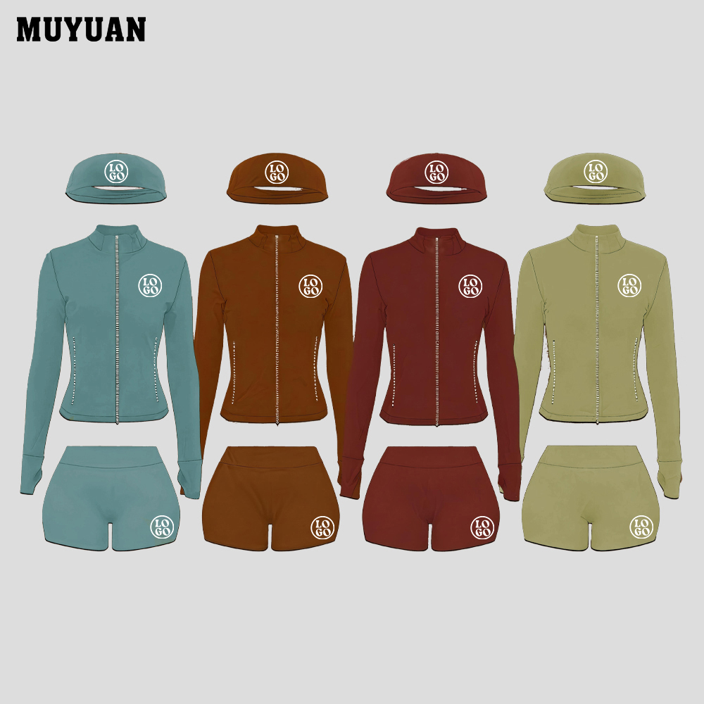 Quick Dry Nylon Spandex Women Activewear Set High Performance Zip Jacket and Scrunch Biker Shorts for Gym Running Yoga