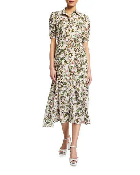 Vestido de moda por atacado de fábrica OEM vestido floral feminino com botão de manga curta frontal estampado tropical