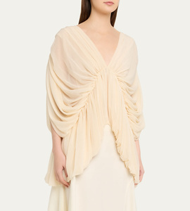 Elegante Blusa in Chiffon Drappeggiato con Maniche a Mantella - Top Fluido con Scollo a V e Orlo Asimmetrico Arricciato per Donna, Ideale per Feste ed Eventi Serali - Product Image 3