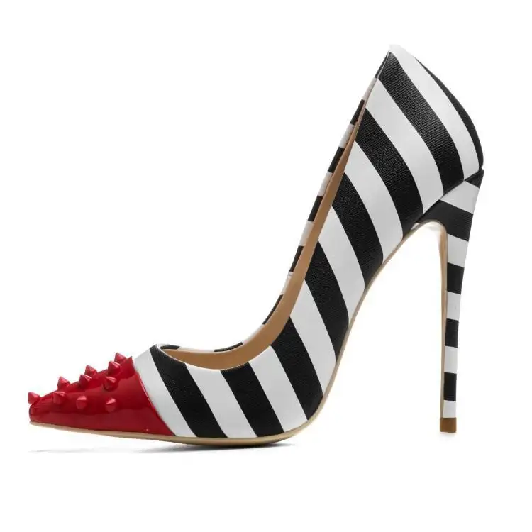 Black White Stripes Pointed Toe Slip On Zebra High Heel Woman Pumps Shoes 2020