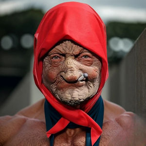 怖いおばあちゃんのラテックスマスク-赤いスカーフ、ハロウィーンのコスプレ & ホラーパーティー衣装プロップとリアルなスモーキングオールドレディー - Product Image 1