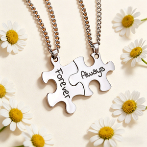 Colliers de couple en forme de puzzle, plaqués or 18 carats sans nickel, gravés personnalisés, assortis <span class=keywords><strong>pour</strong></span> les amoureux, « Forever & Always » - Product Image 1