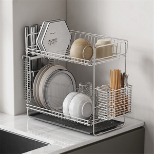 Modern Standing Type Kitchen Countertop Double-Layer Stainless Steel Dish Drain <b>Rack</b> Waterproof Design for Tableware Storage - Product Image 2