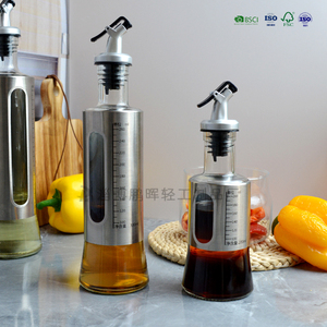 Dispenser per olio a pressione ermetico - Bottiglia per olio da cucina in vetro e acciaio inossidabile con scala di misurazione, contenitore per salse da cucina - Product Image 6