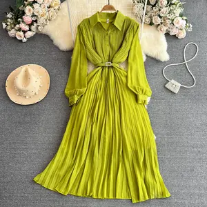 Fashionable Elegant Polo Neck Waist Wrapped Slim A-line Pleated Dress Light Mature Style Large Swing Long Dress