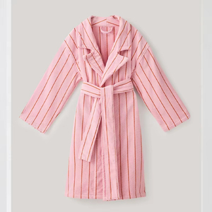 Peignoir en coton rayé rétro pour femmes, robe décontractée pour femmes, col rabattu, vêtements de nuit doux, peignoirs 100% coton - Product Image 2