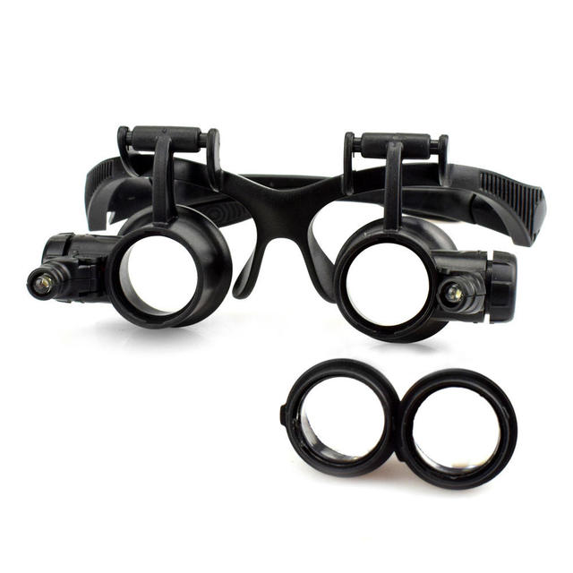 Head-mounted Binocular Magnifying Glasses with LED Lights, Supporting 10x/15x/20x/25x Magnification.