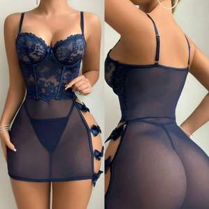 Blauwe sexy lingerie bodysuit set voor dames met strikdetail, stevige controle, hoogwaardige mesh kant, luxe femme. - Product Image 2